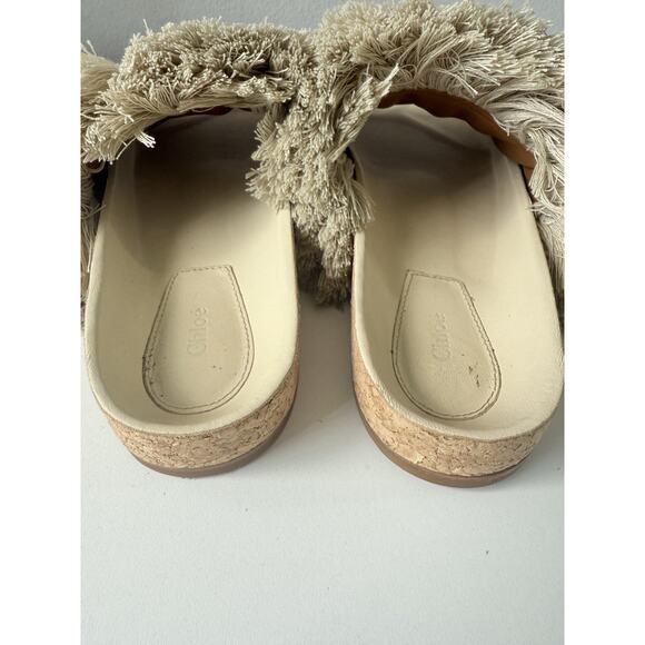 Chloé Nolan Tapestry Fringe Slides Sandals Size 36 Beige Boho Raffia Beaded Trim - Picture 5 of 14